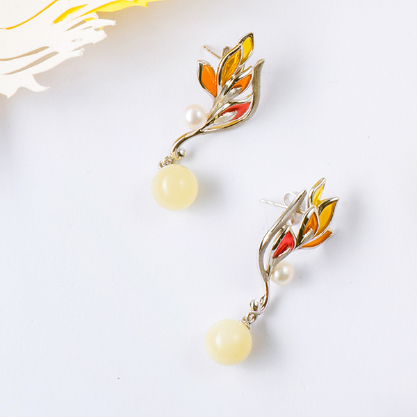 凤凰涅槃-蜜蜡银镶耳饰